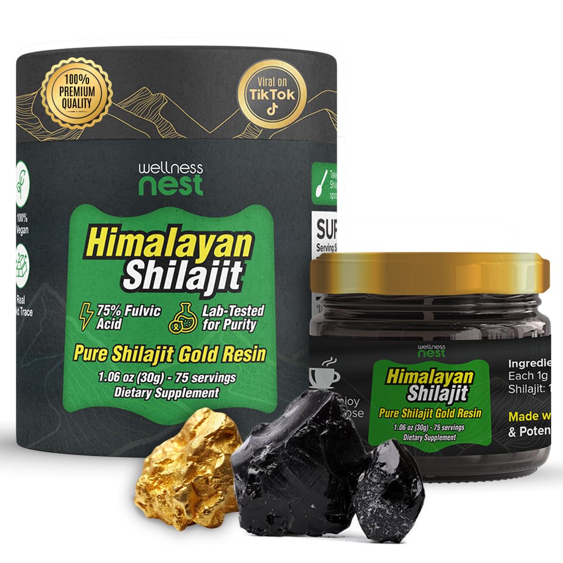 Wellness Nest gold-grade shilajit resin jar close-up with 24K gold infusion.