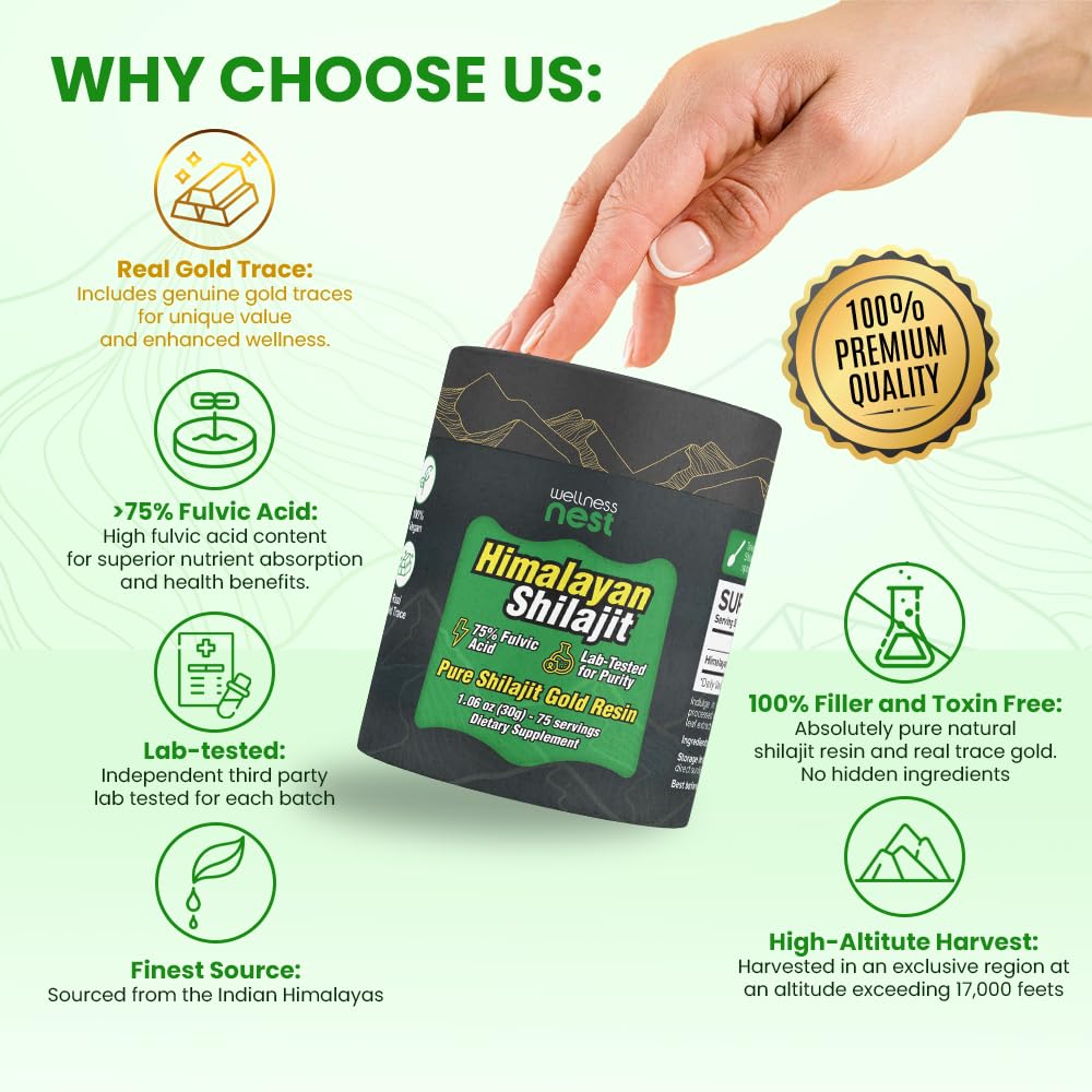 Wellness Nest Himalayan shilajit resin label featuring lab test badge.