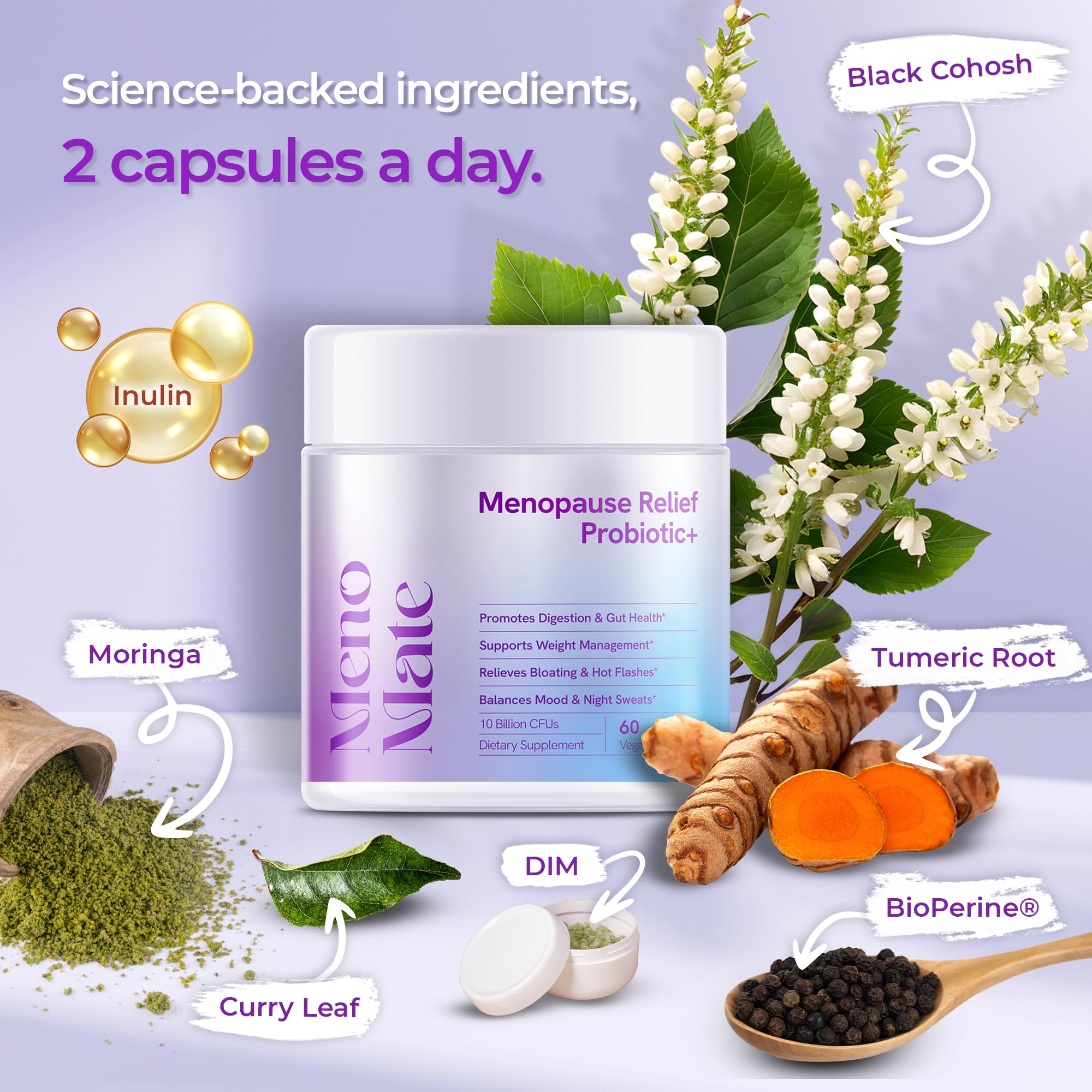 Wellness Nest MenoMate capsules closeup highlights vegan formula and 10B CFUs for gut health