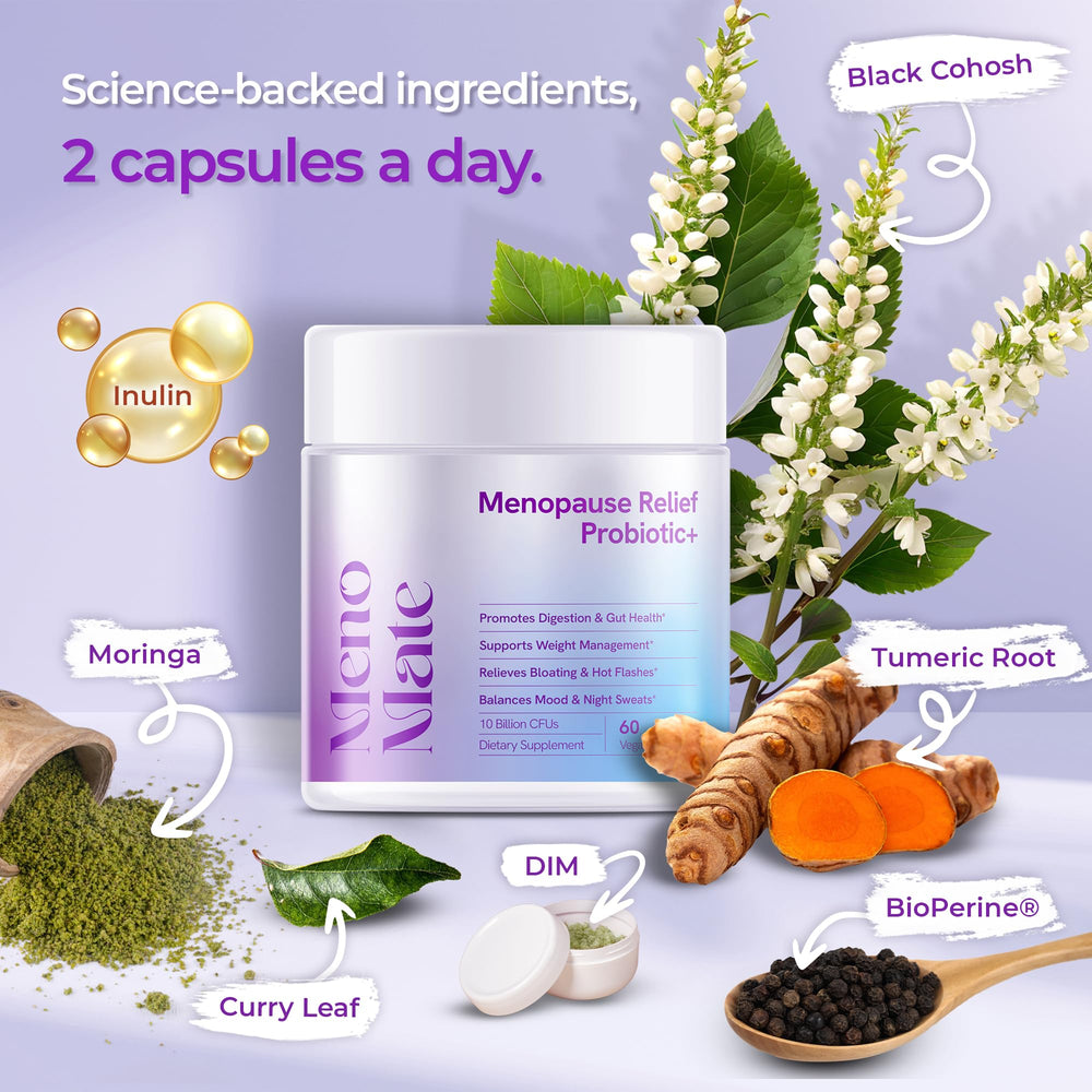 Wellness Nest MenoMate capsules closeup highlights vegan formula and 10B CFUs for gut health