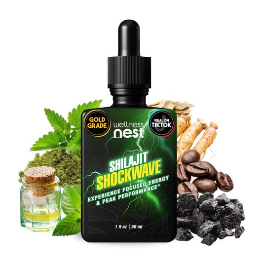 Wellness Nest Shilajit Shockwave bottle boosts daily energy and focus.