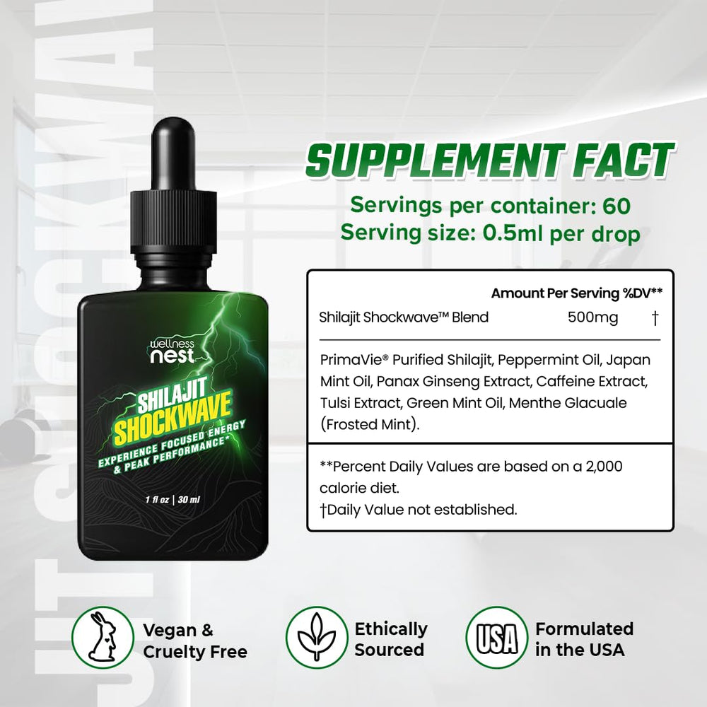Wellness Nest Shilajit Shockwave dropper enables easy daily energy dosing.