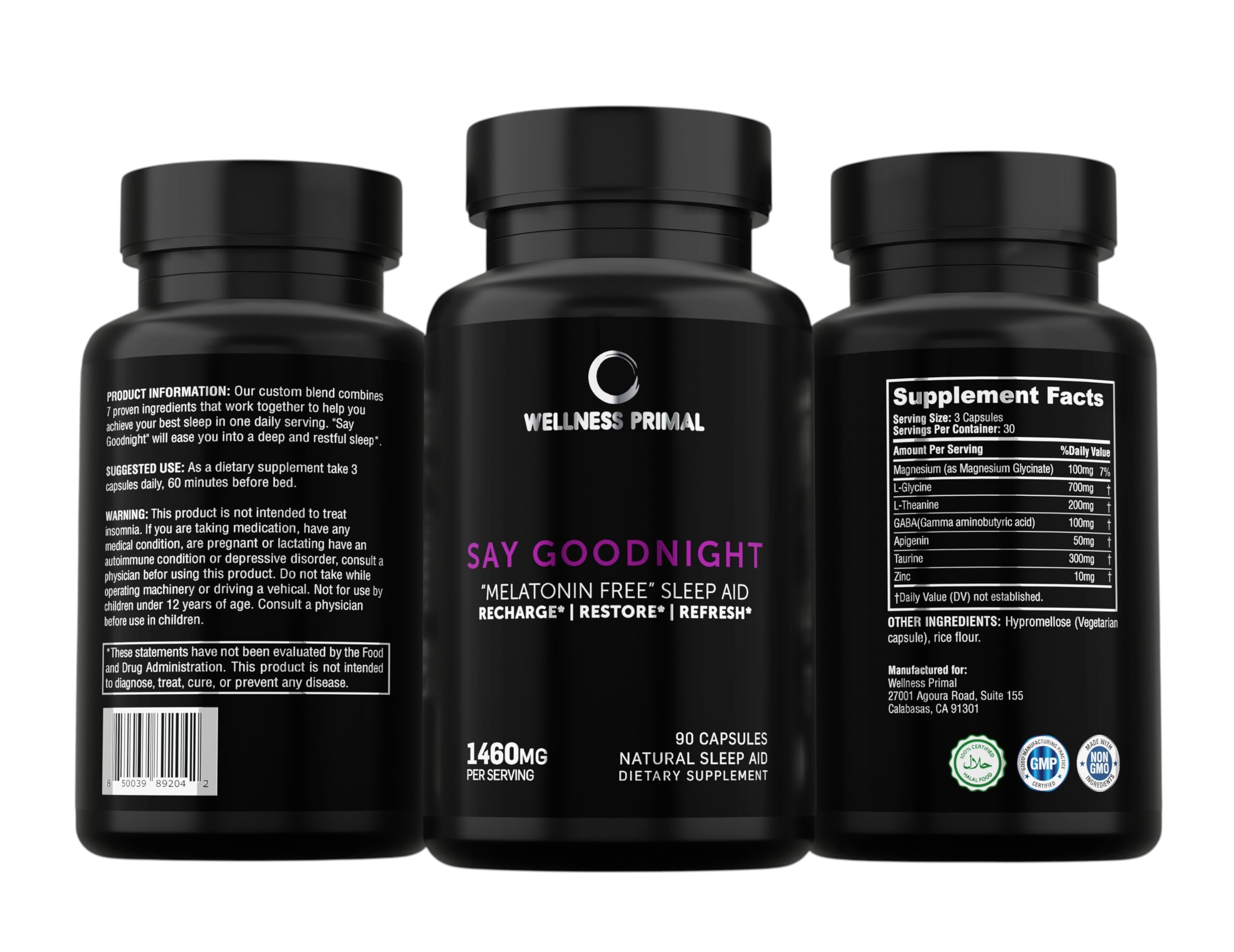 Wellness Primal melatonin-free sleep aid capsules arranged for display