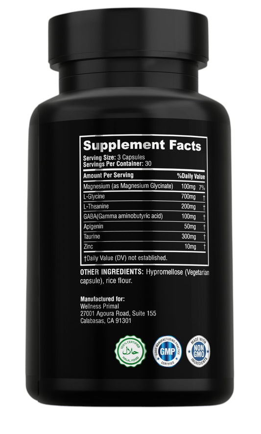 Close-up of Wellness Primal sleep aid label highlighting vegan capsules