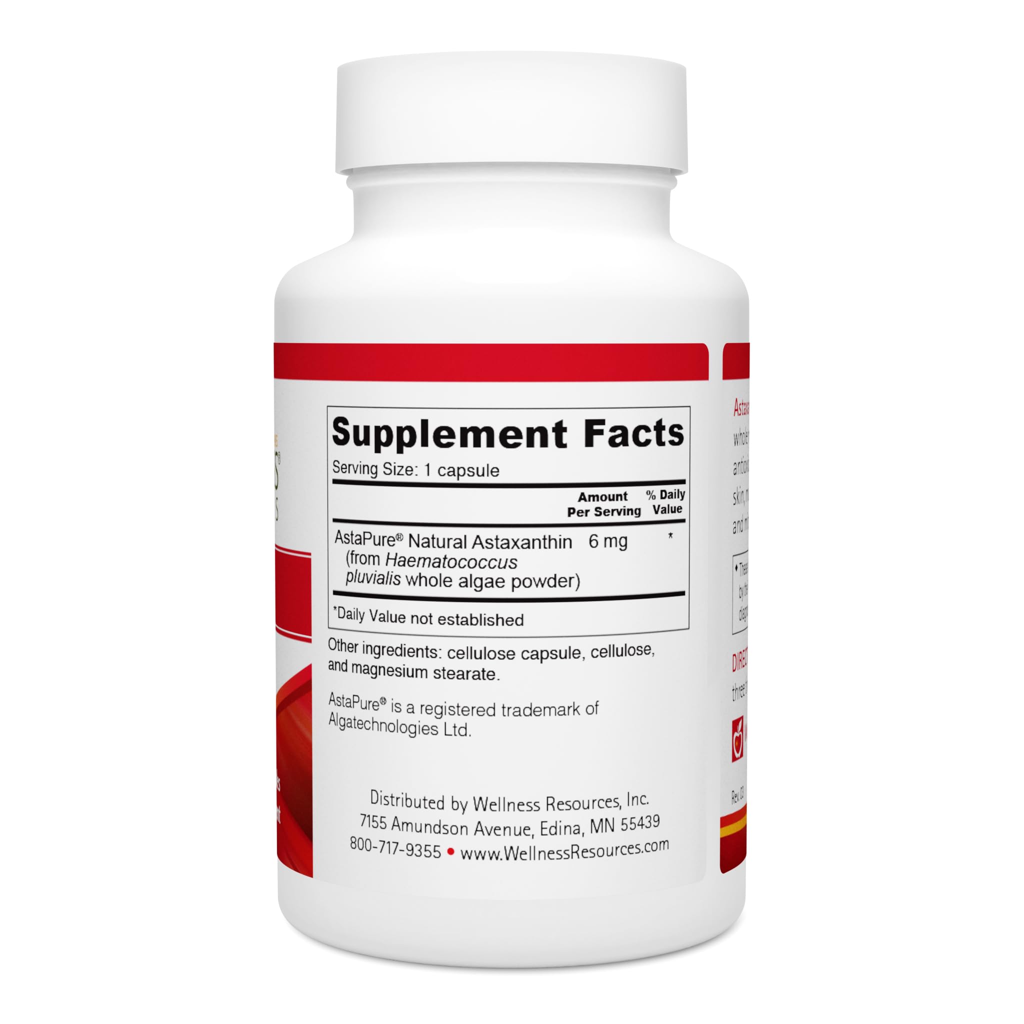 Wellness Resources Astaxanthin label close-up highlighting 6 mg potency.