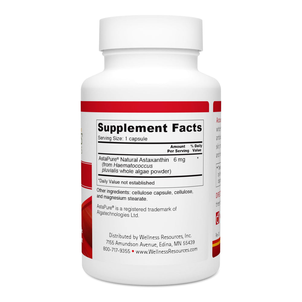 Wellness Resources Astaxanthin label close-up highlighting 6 mg potency.