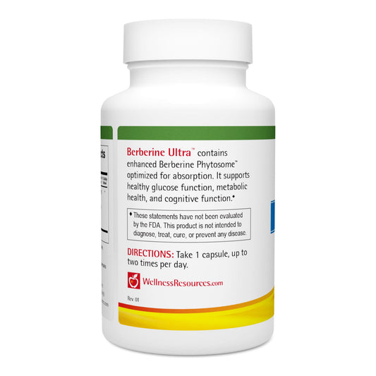 Wellness Resources Berberine Ultra capsules close-up showing 550 mg dosage for easy daily use.