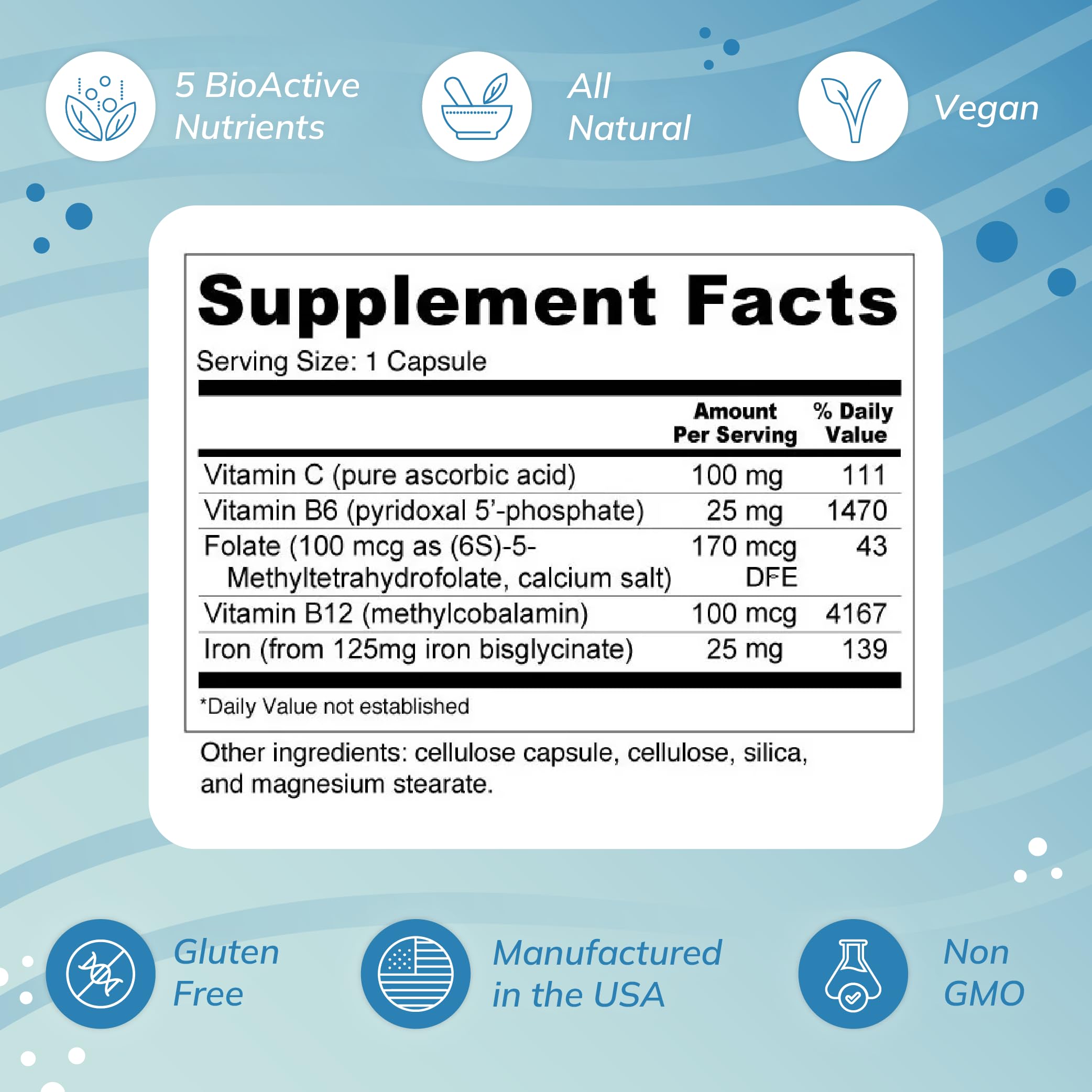 Wellness Resources Blood Booster iron label packaging highlights vegan and gluten-free