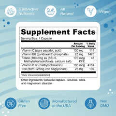 Wellness Resources Blood Booster iron label packaging highlights vegan and gluten-free