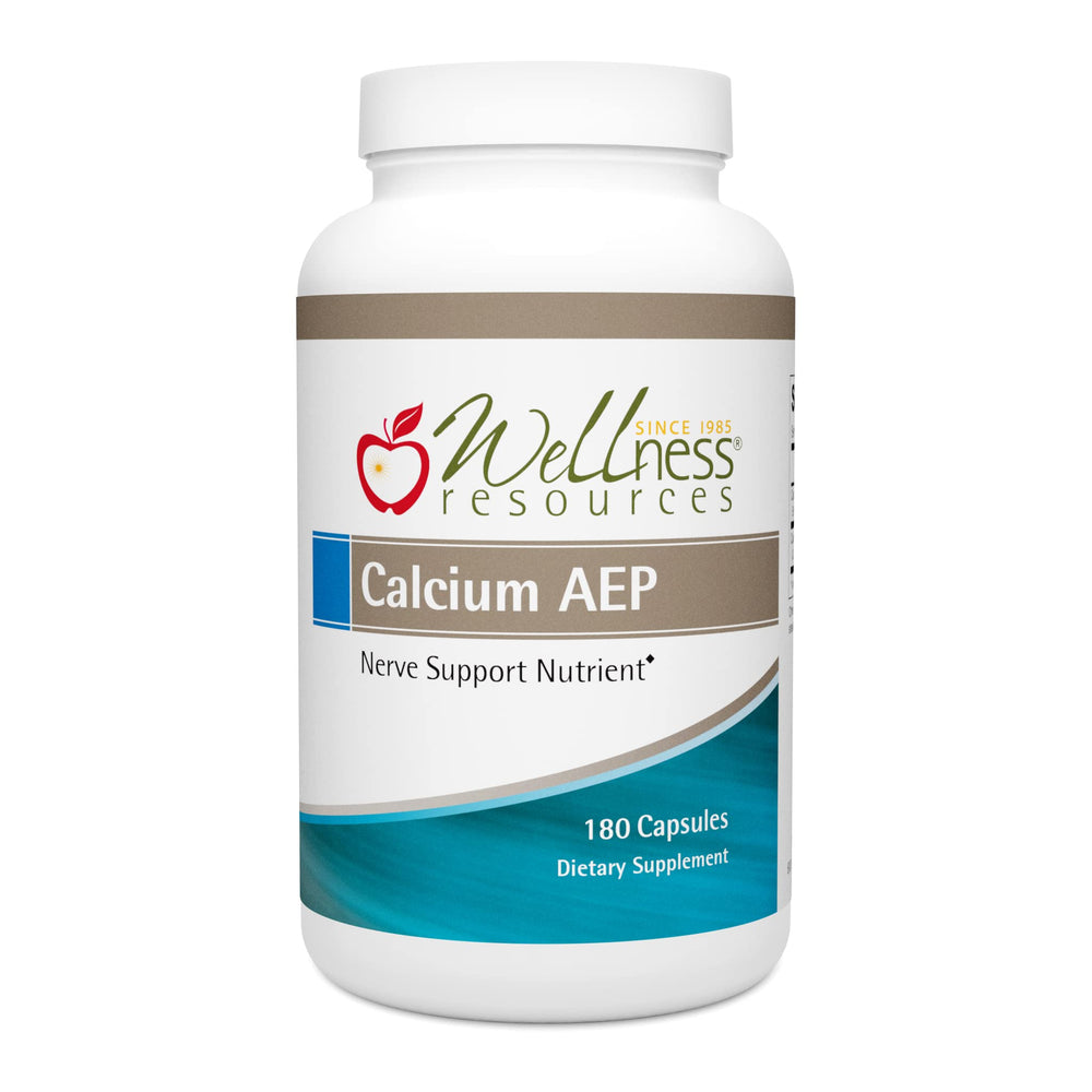 Well ness Resources Calcium AEP bottle label highlights quality nerve support for healthy aging.