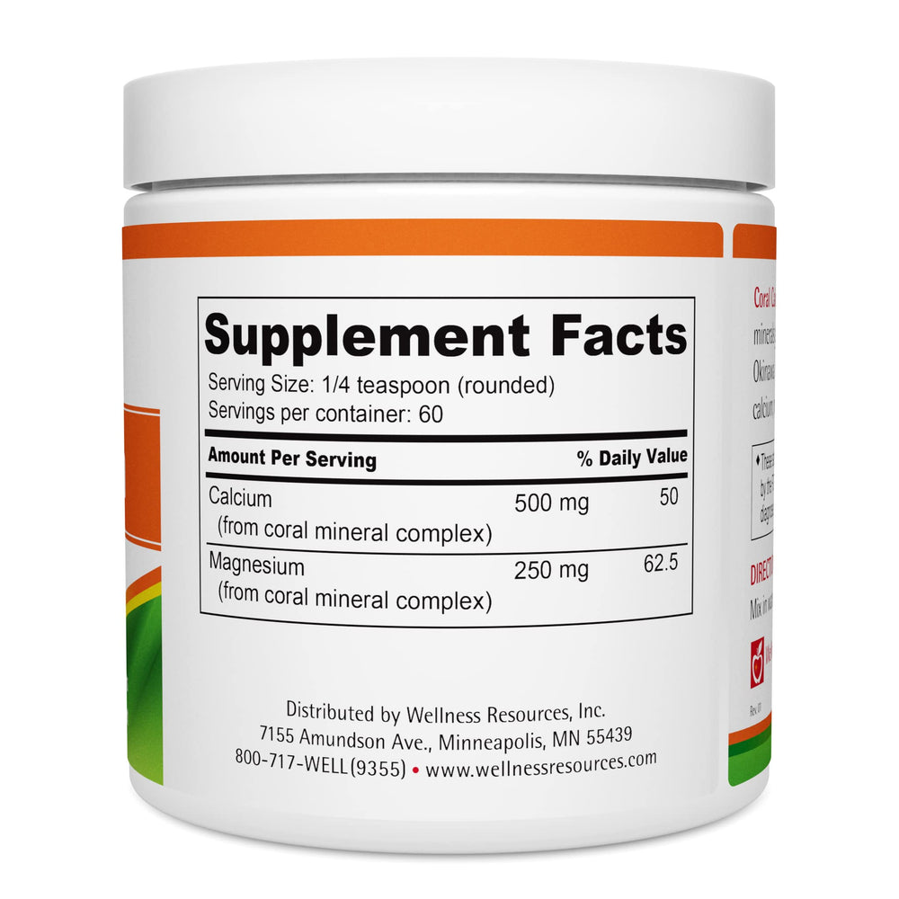 Wellness Resources coral calcium label highlighting 2:1 calcium to magnesium ratio
