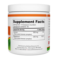 Wellness Resources coral calcium label highlighting 2:1 calcium to magnesium ratio