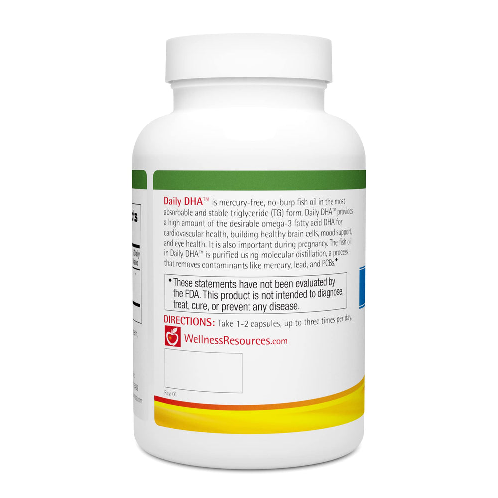 Wellness Resources Daily DHA bottle pour suggests effortless dosing as part of routines.
