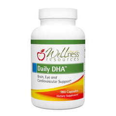Wellness Resources Daily DHA bottle demonstrates high-potency DHA for brain health.
