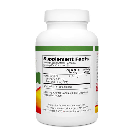 Wellness Resources Daily DHA capsules close-up highlights small, easy-to-swallow form for daily use.