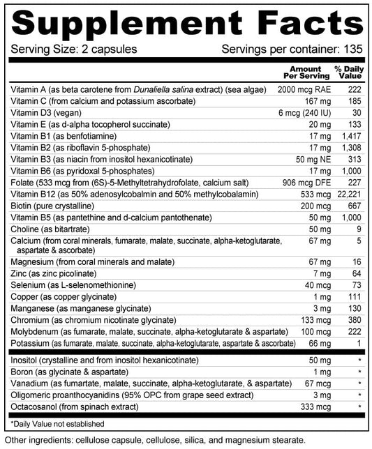 Wellness Resources Daily Energy label closeup, transparent ingredients support methylated B vitamins