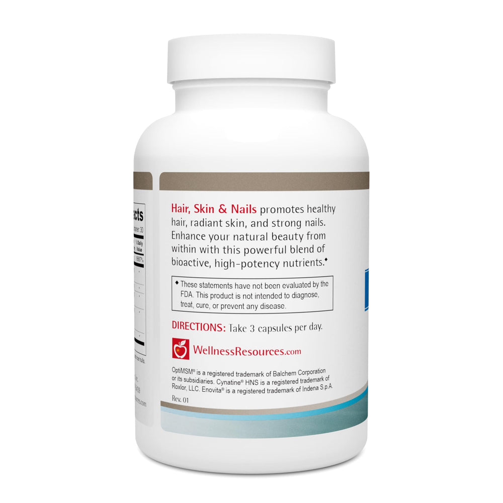 Wellness Resources label print emphasizes Cynatine HNS Keratin and OptiMSM for strong hair and nails.