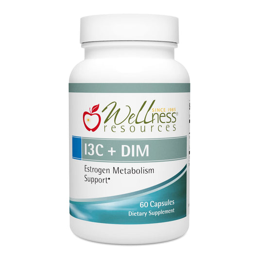 Wellness Resources I3C + DIM bottle close-up showing vegan capsules for estrogen metabolism support.