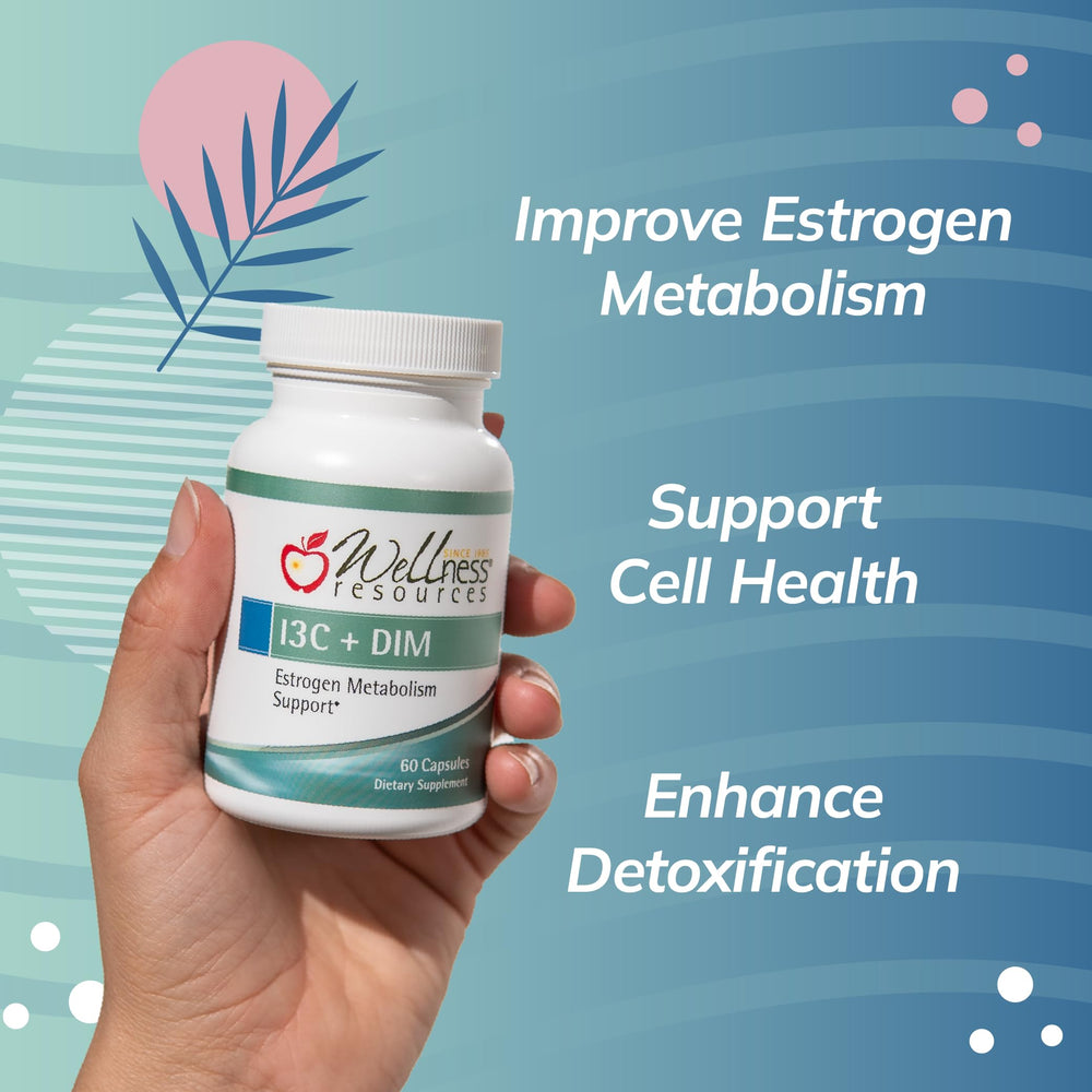 Wellness Resources I3C + DIM capsules array highlighting vegan gluten-free formula and detox potential.
