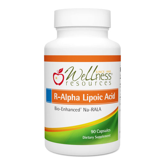 Wellness Resources Na-RALA bottle pouring, high-potency stabilized R-Lipoic acid for potential antioxidant support.