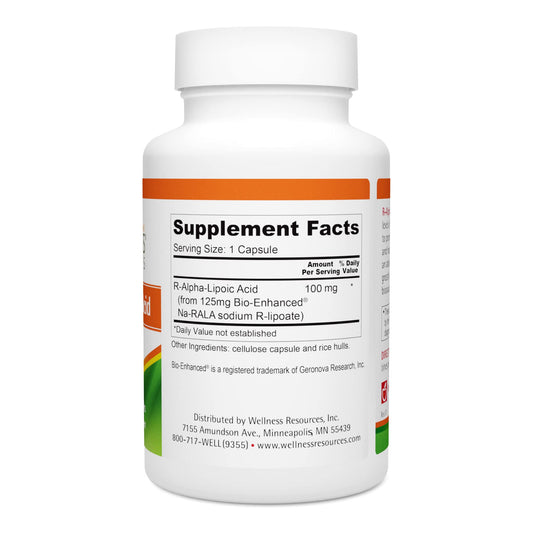 Wellness Resources RALA capsules close-up, showing non-GMO and gluten-free formulation.