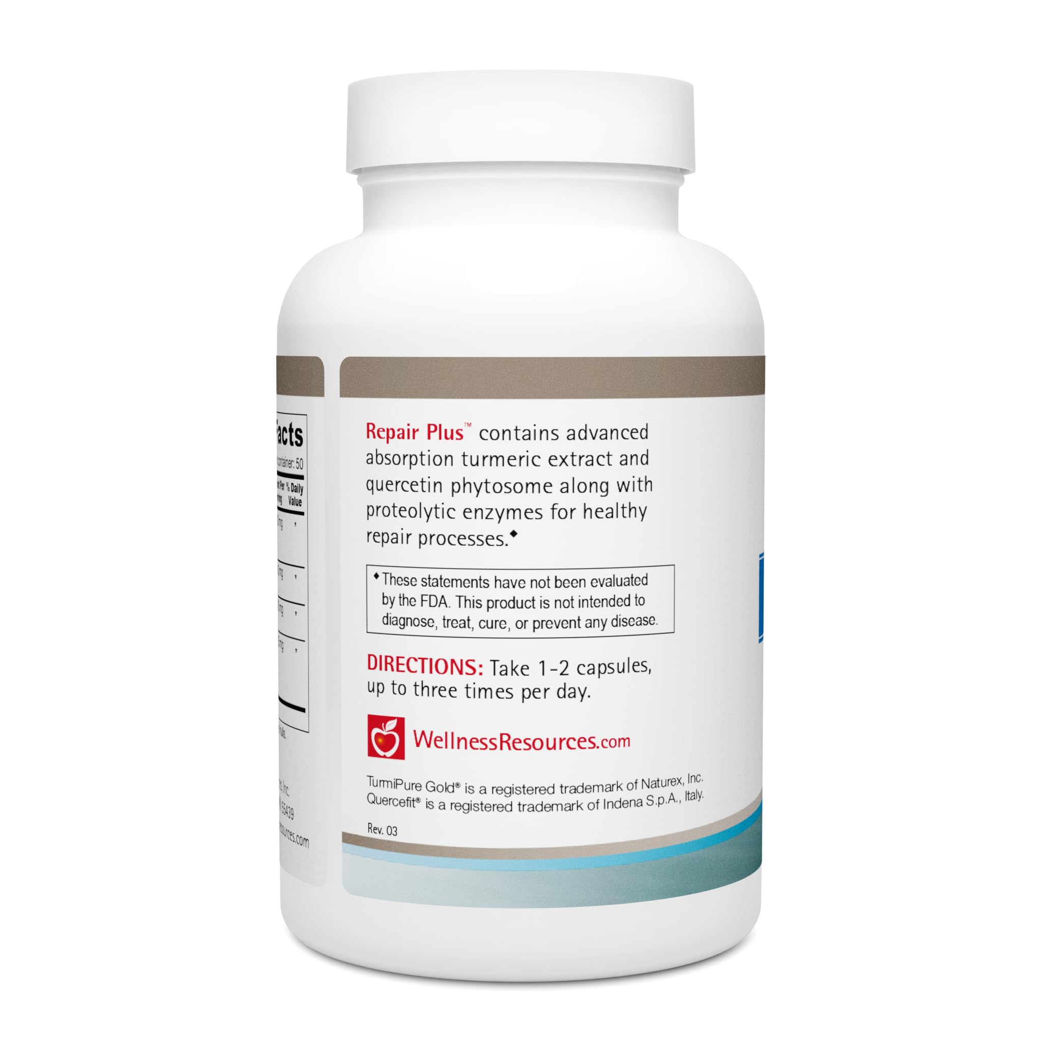 Close-up of Wellness Resources Repair Plus label highlighting quercetin phytosome and enzymes.