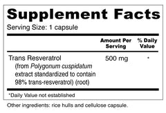 Wellness Resources Resveratrol Ultra 500 label close-up shows 98 percent trans-resveratrol purity