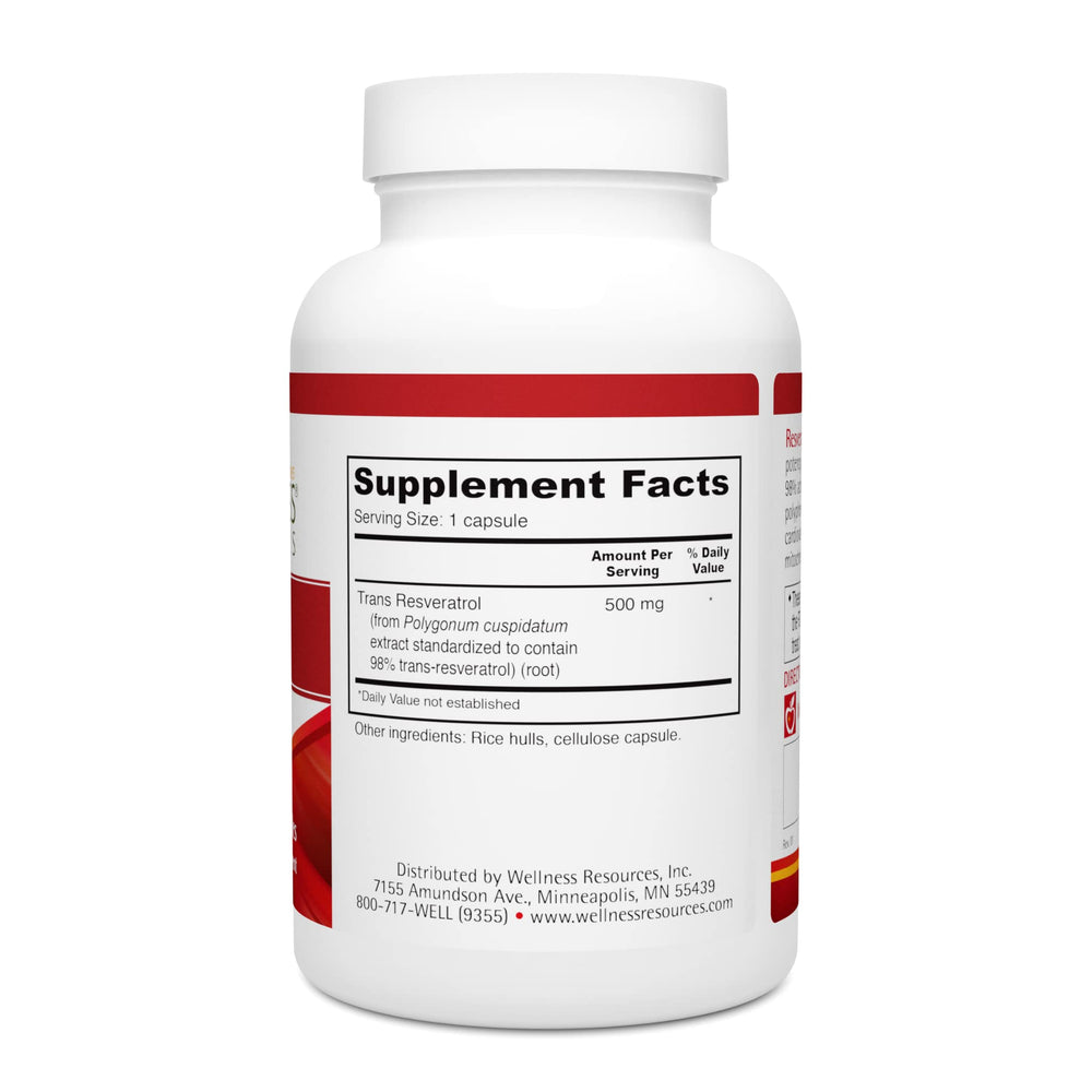 Wellness Resources Resveratrol Ultra 500 bottle on shelf in a kitchen setting