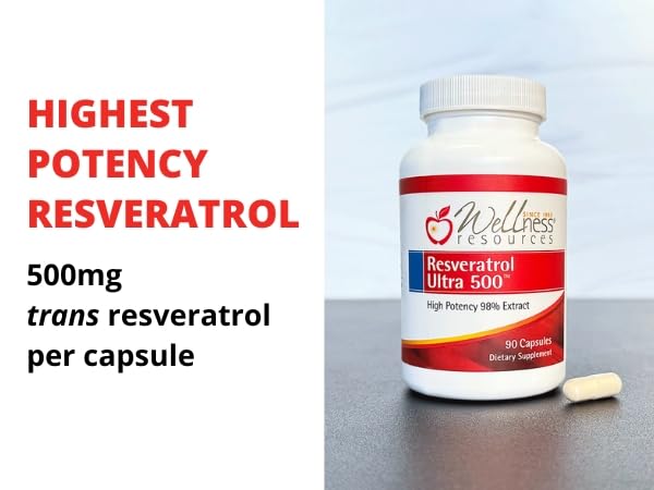 Wellness Resources Resveratrol Ultra 500 capsules close-up demonstrates vegan and gluten-free formula