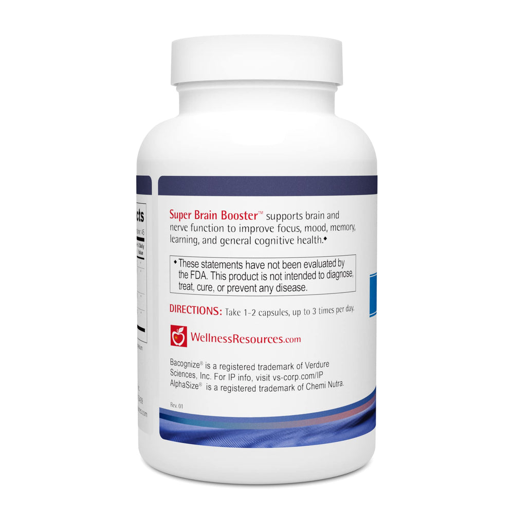 Wellness Resources Super Brain Booster capsules closeup highlighting the herbal blend for focus.