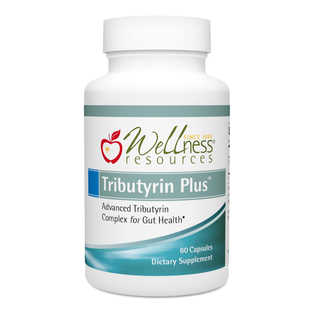 Wellness Resources Tributyrin Plus bottle front promoting gut health support.