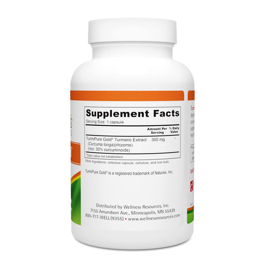 Wellness Resources Turmeric Gold capsules pouring from bottle for easy daily use.