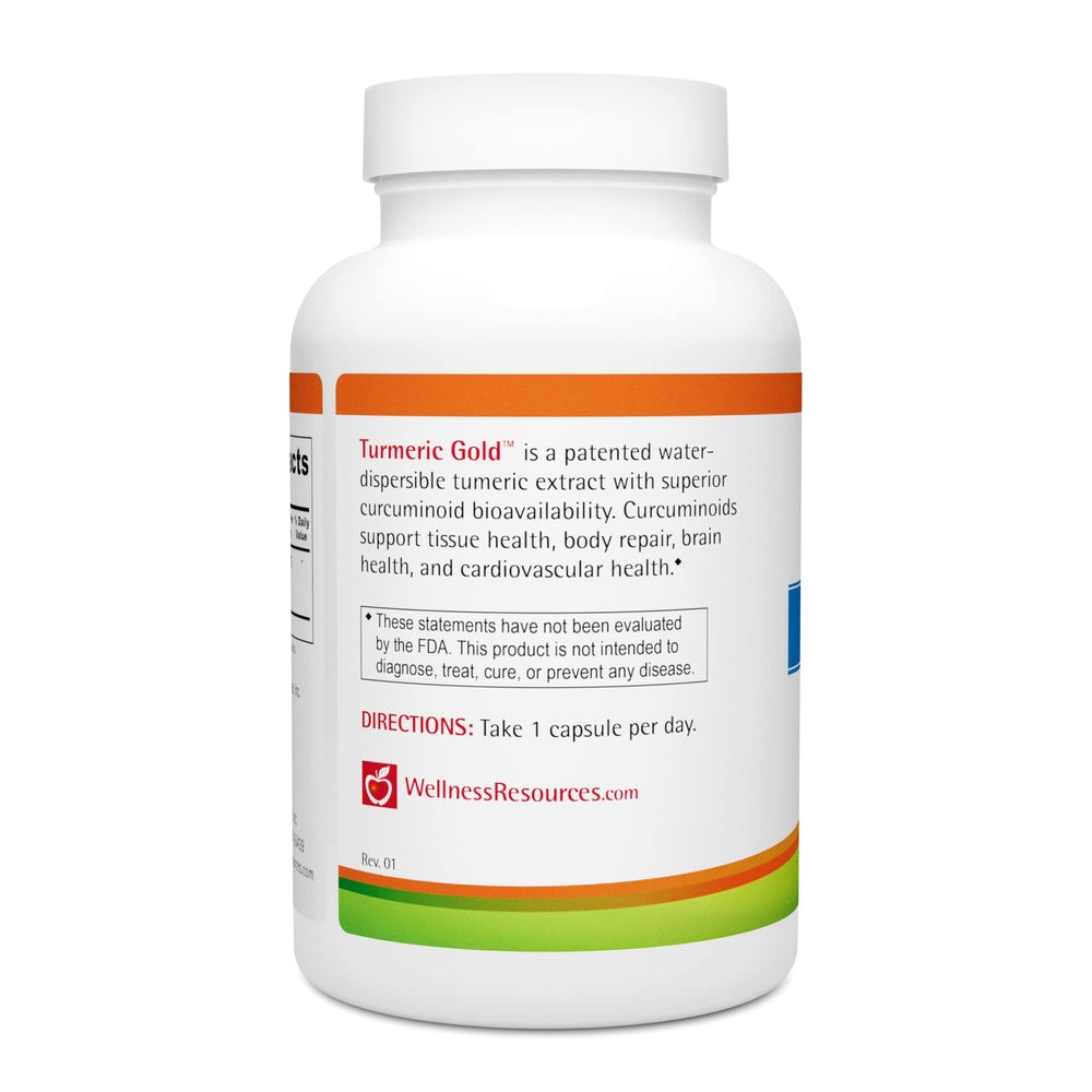 Wellness Resources Turmeric Gold label close-up shows non-GMO, vegan, gluten-free attributes.