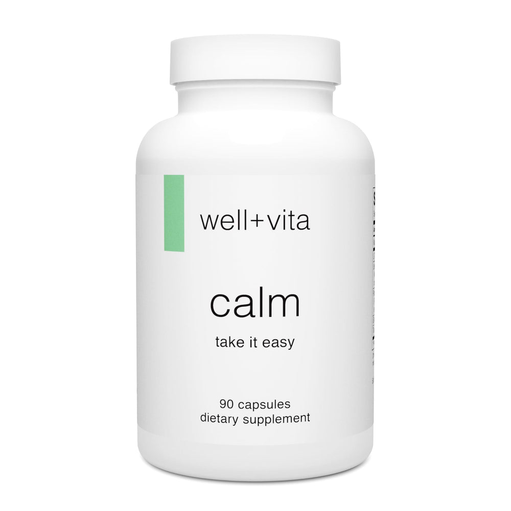 Well+Vita Calm bottle with label; suggests non-drowsy relaxation for daily use.