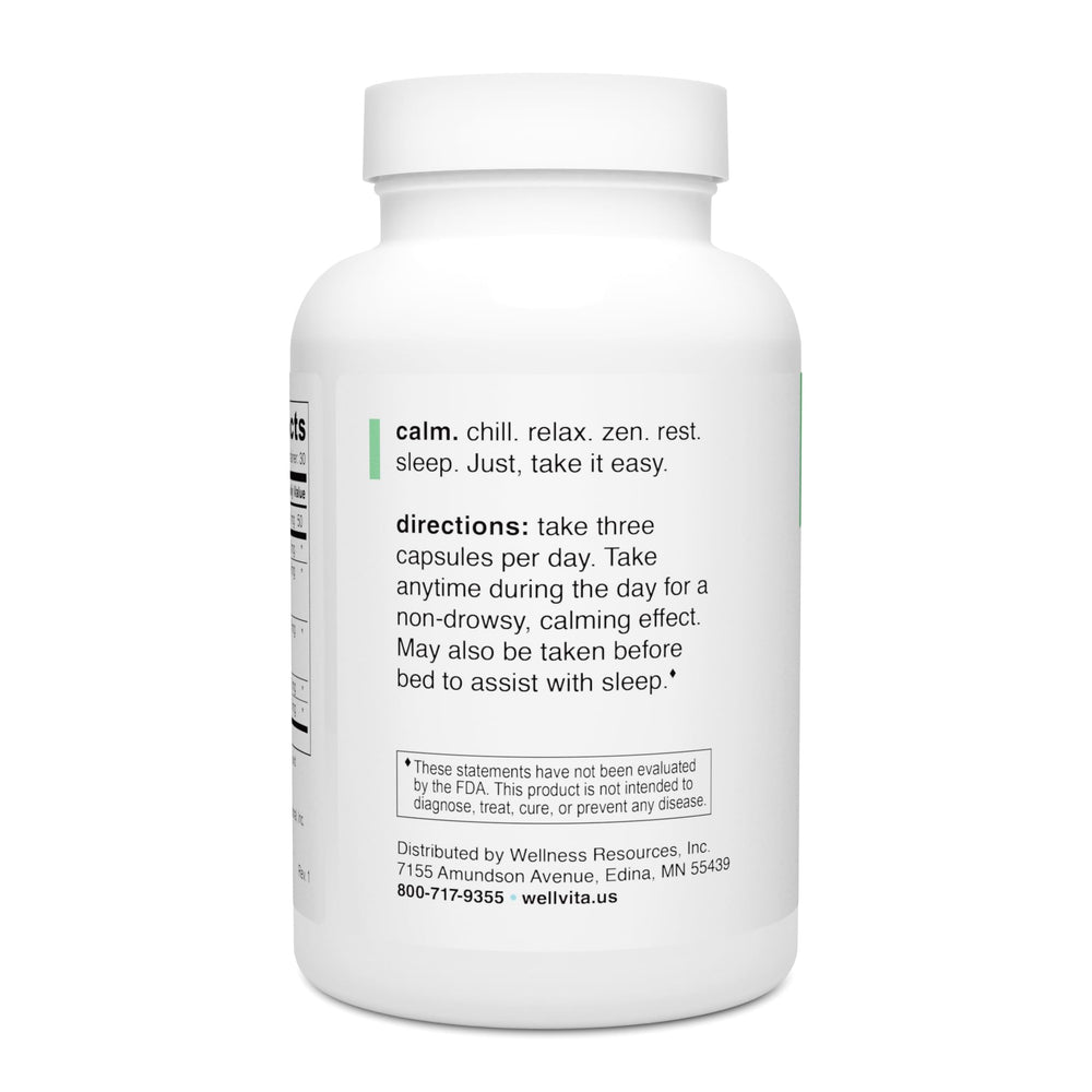Close-up of Well+Vita Calm capsules; high-absorption minerals for calm support.