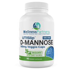 WellnessPartners UTI Slip D-Mannose capsules in bottle for daily support.