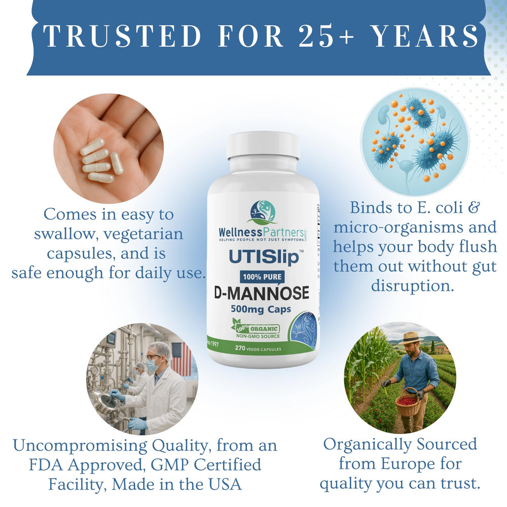 WellnessPartners UTI Slip D-Mannose label showing non-GMO certification for transparency