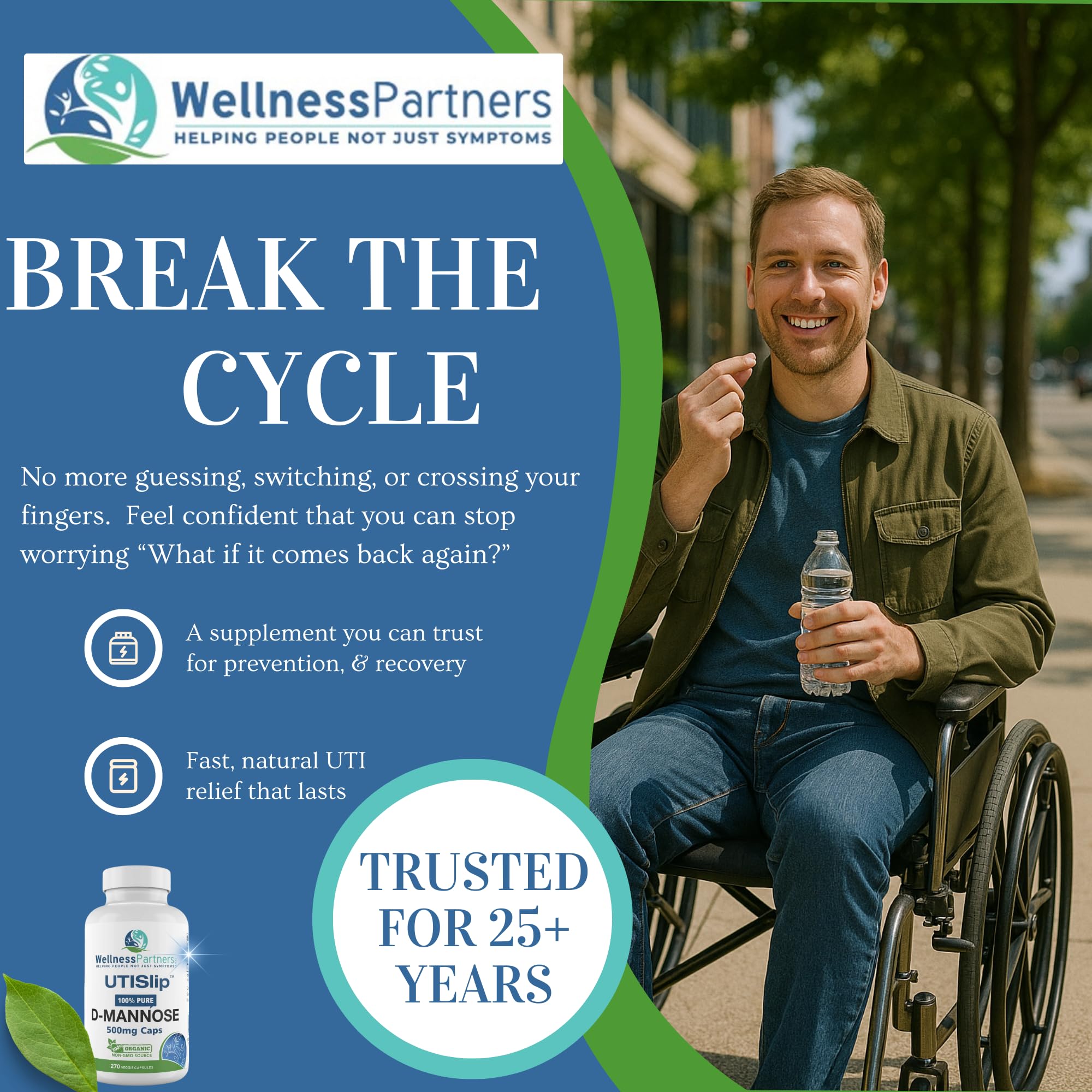 WellnessPartners UTI Slip D-Mannose packaging with reseal cap preserves freshness