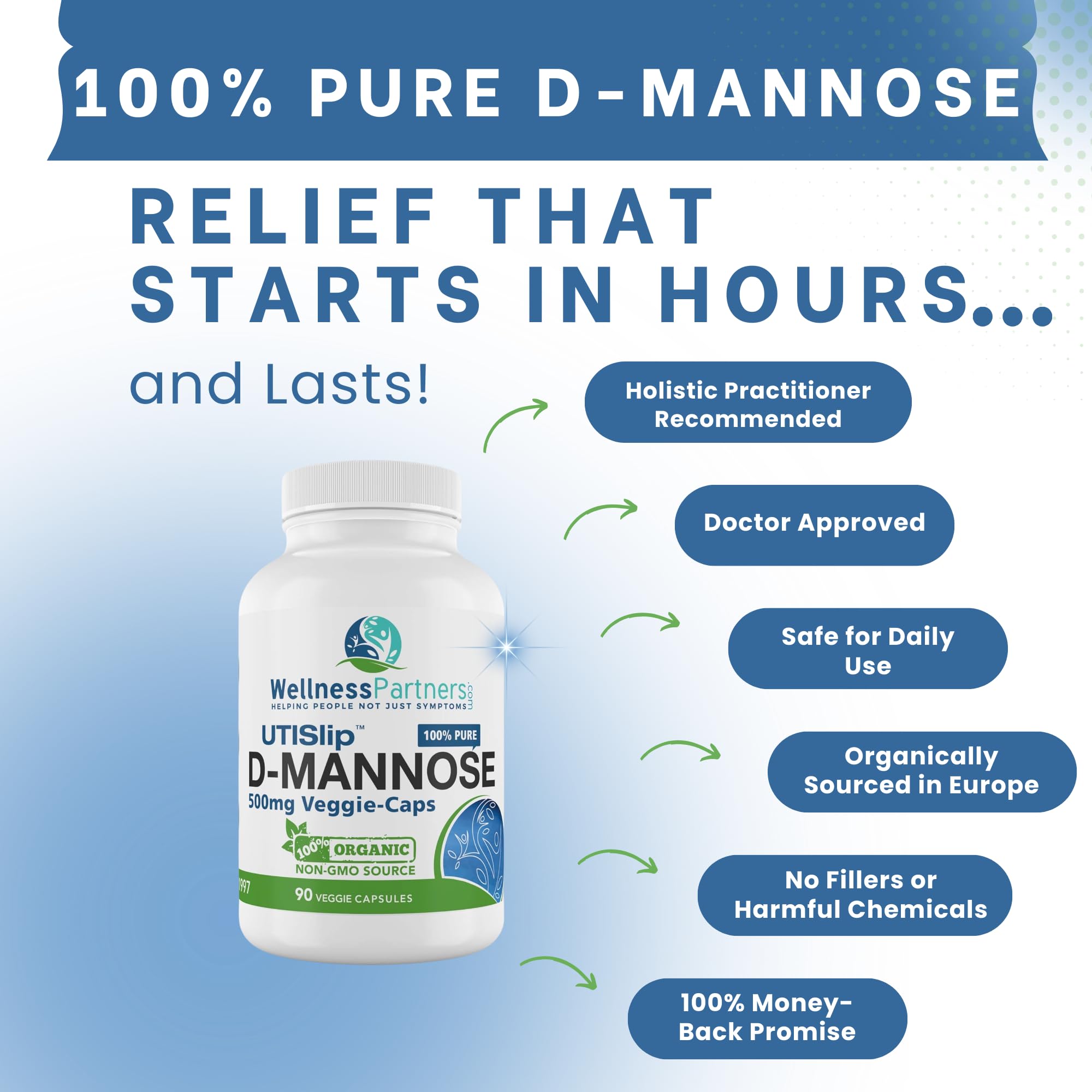 WellnessPartners Veggie capsules with 500 mg D-Mannose for easy daily use.