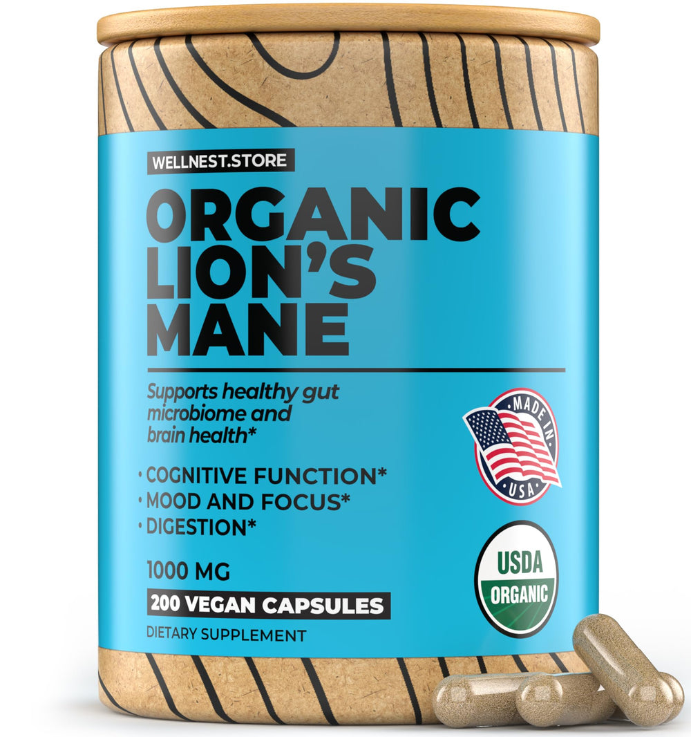 Wellnest.Store Lions Mane bottle with clear label promoting cognitive focus