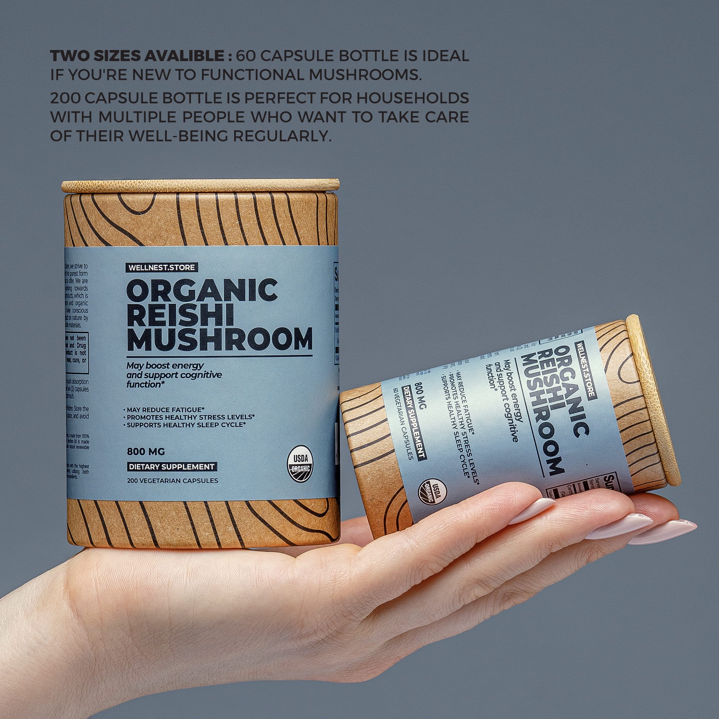 Wellnest.Store Reishi bottle label emphasizing GMP quality and purity.