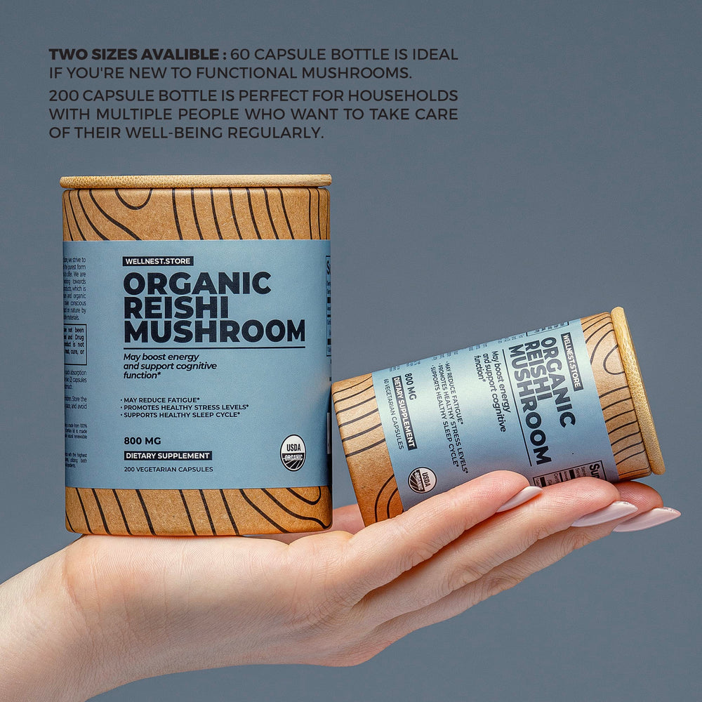 Wellnest.Store Reishi bottle label emphasizing GMP quality and purity.