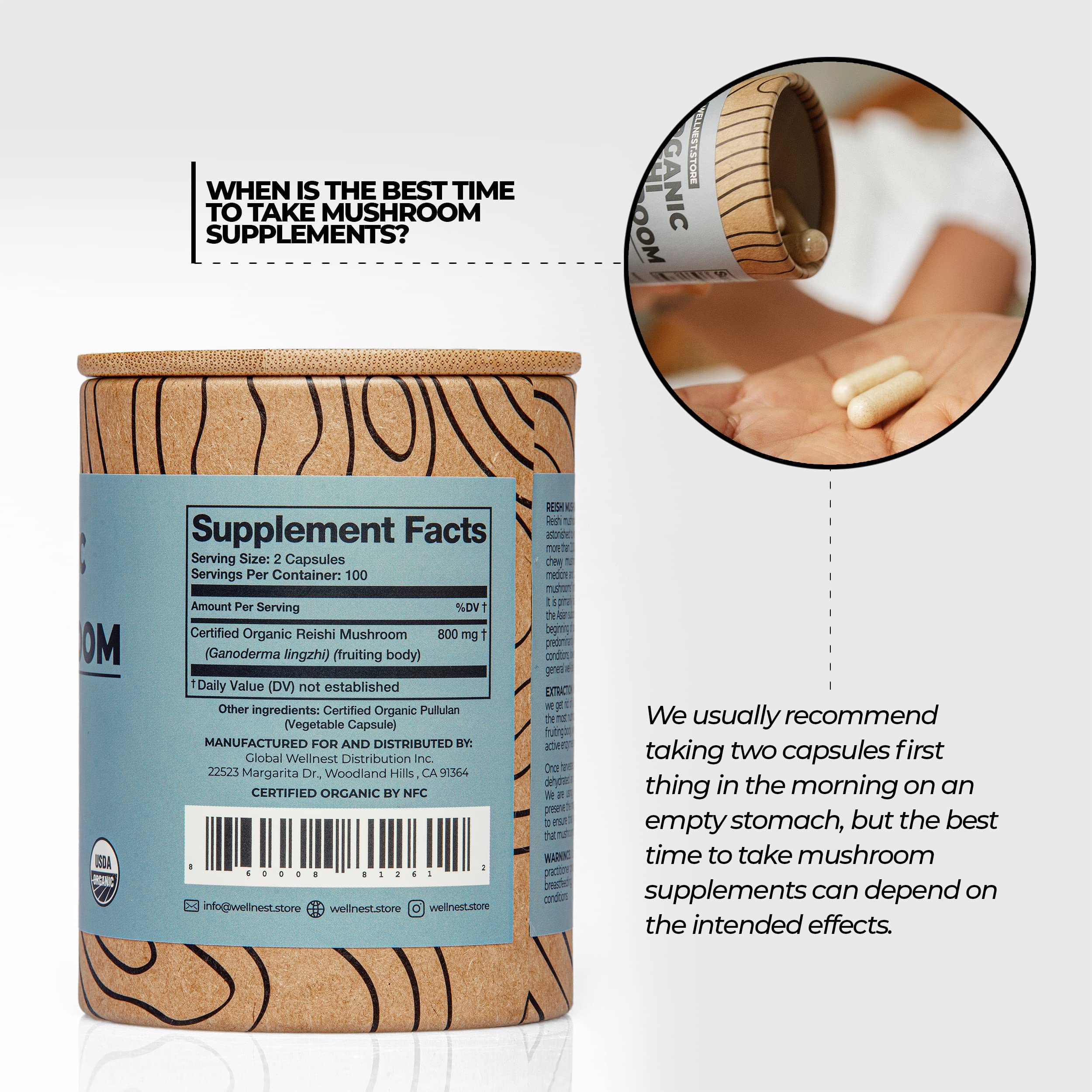 Wellnest.Store Reishi capsules on wood surface for everyday wellness.