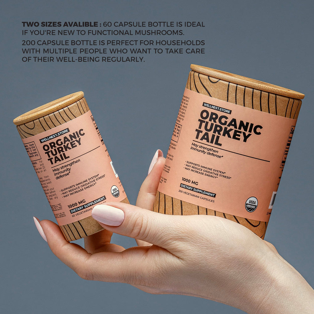 Wellnest Turkey Tail label close-up highlighting organic certification