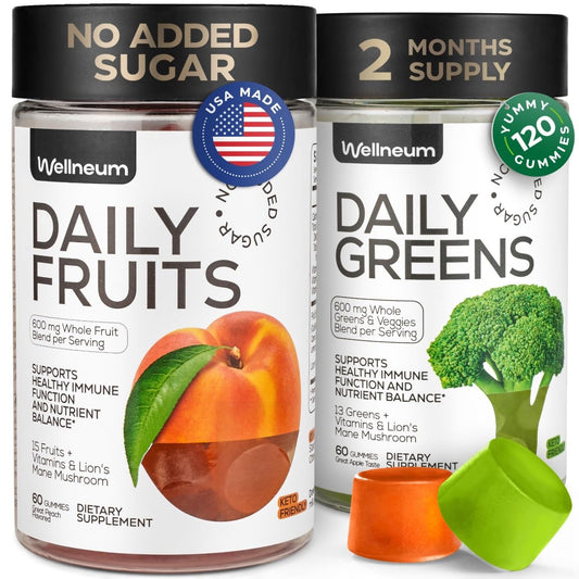 Wellneum Super Greens + Super Fruits gummies bottle for convenient daily nutrition