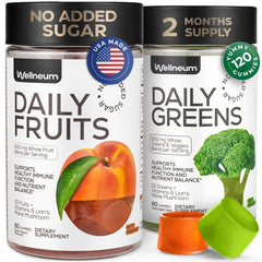 Wellneum Super Greens + Super Fruits gummies bottle for convenient daily nutrition