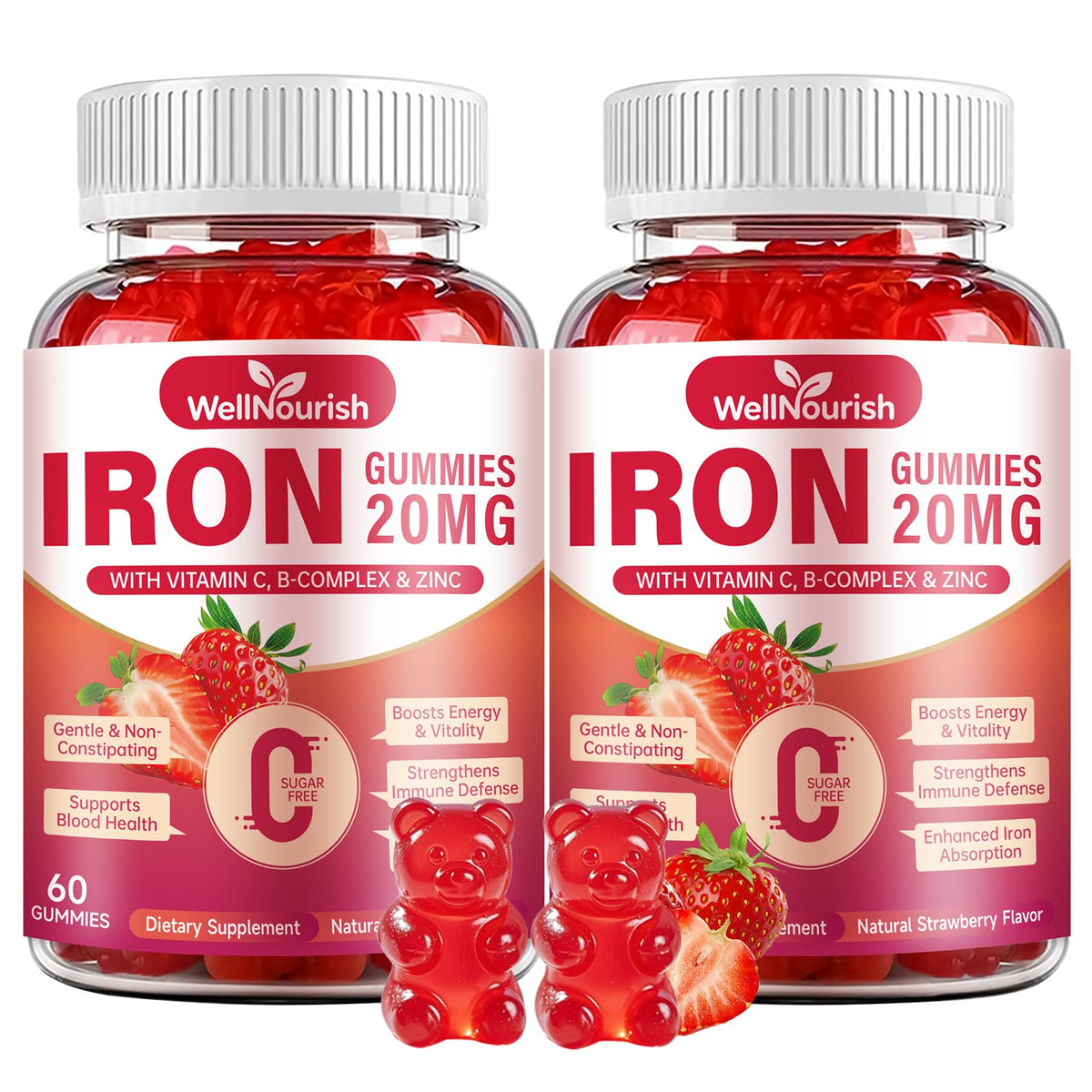 Wellnourish Iron Gummies bottle-front with strawberry flavor for gentle iron support.
