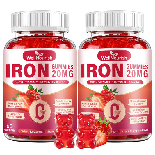 Wellnourish Iron Gummies bottle-front with strawberry flavor for gentle iron support.