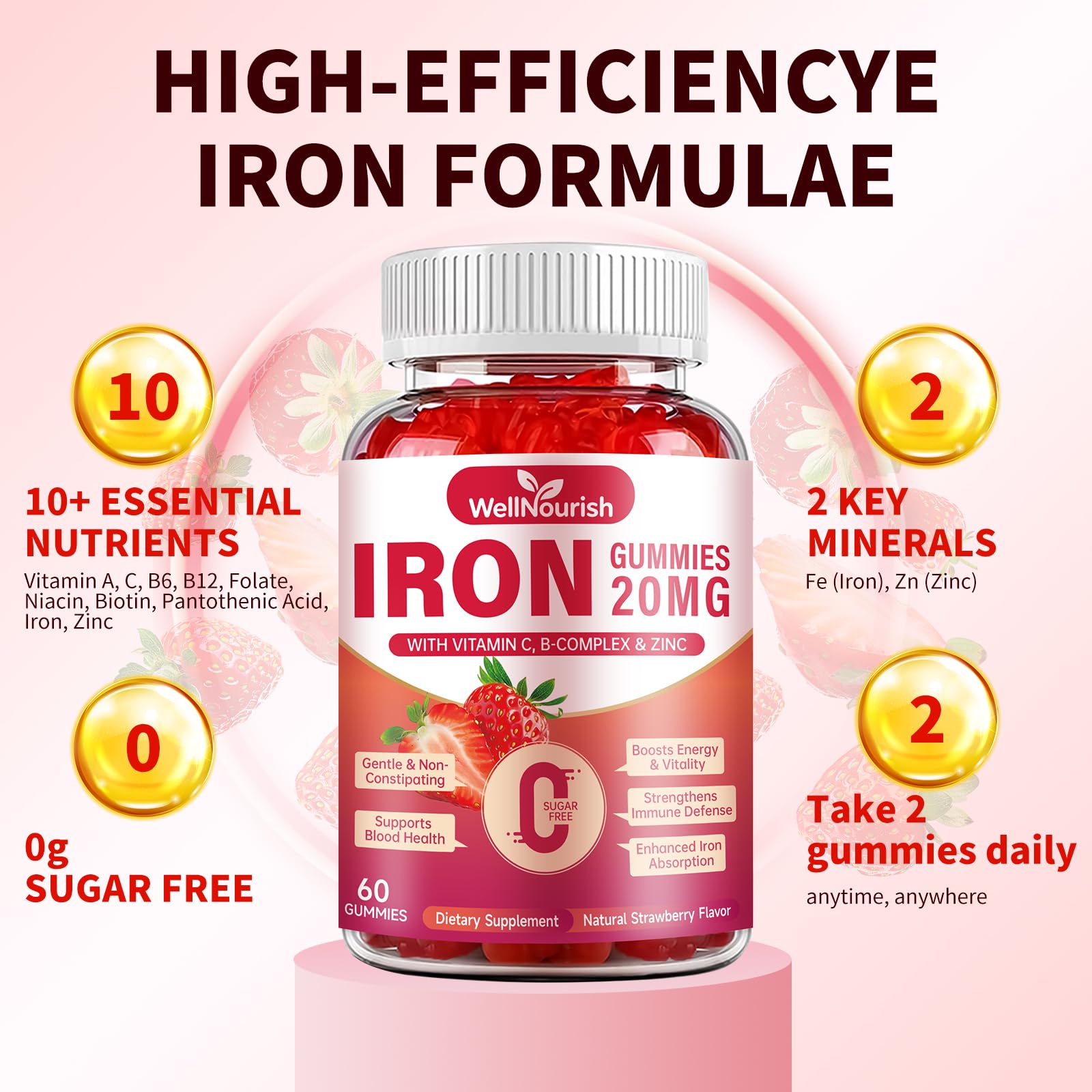 Wellnourish Iron Gummies duo-pack shows 120-count for convenient daily use.