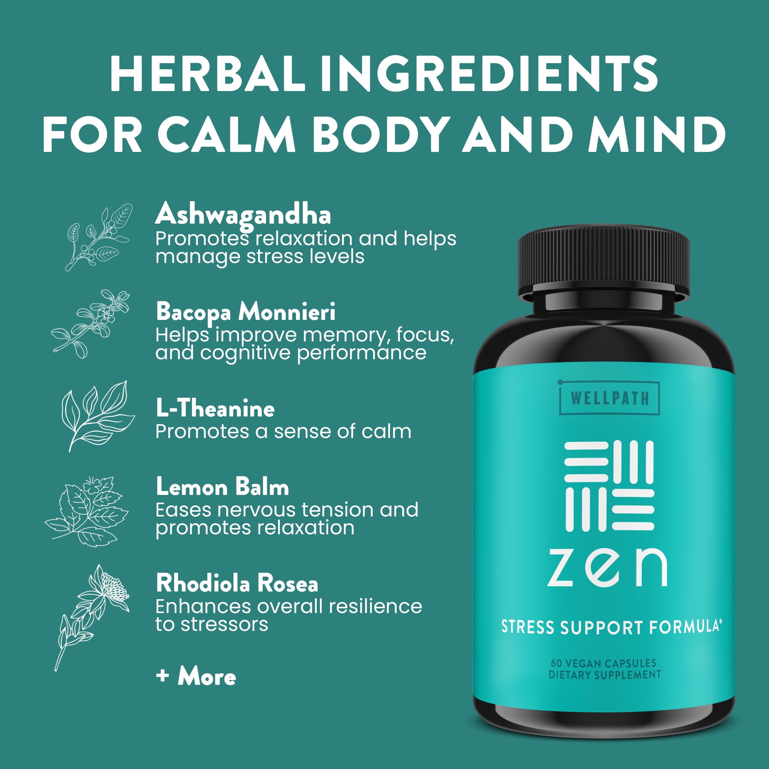 WellPath Zen L-Theanine Lemon Balm Capsules aiding relaxation and focus.